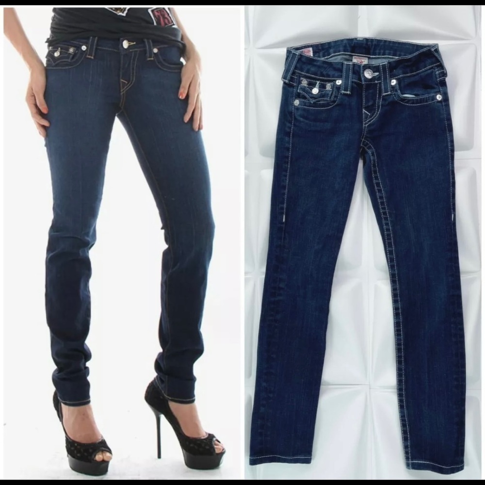 True Religion Women Sz 24 Julie Denim Skinny Blue Jeans Flap Pockets White Stich